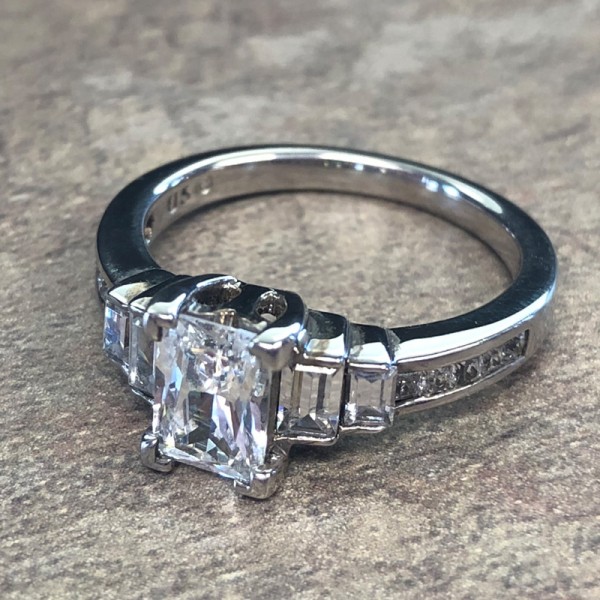 14K White Gold Emerald Cut Vintage Engagement Ring